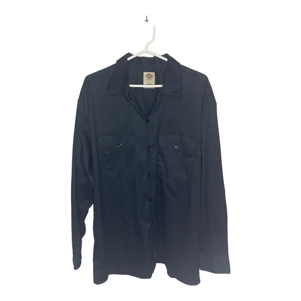 Dickies Work Shirt Large Black Mens Button Up, Long-Sleeve Double Pockets Black